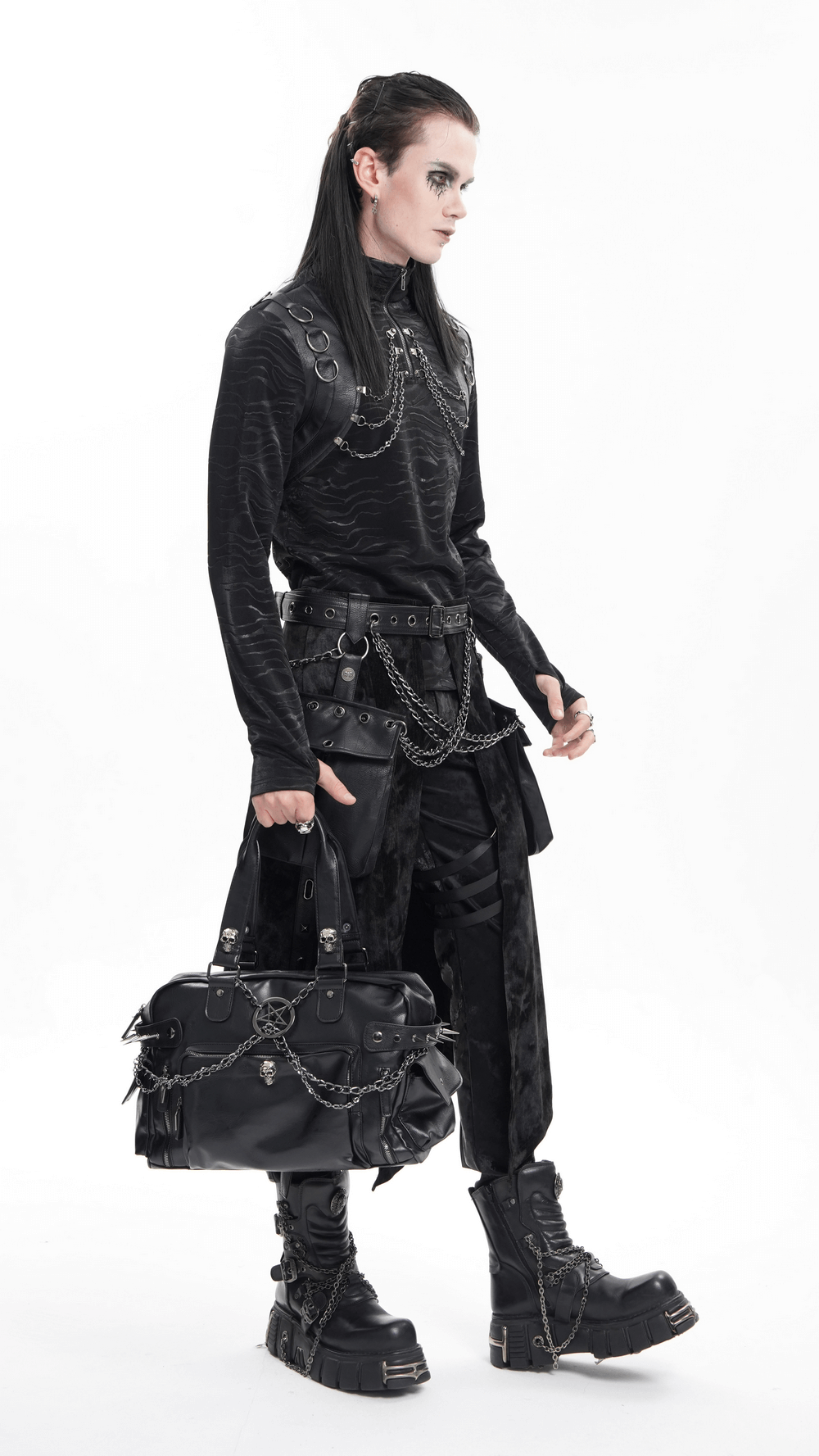 Gothic Chain Embellished Black Tote Bag with Spikes